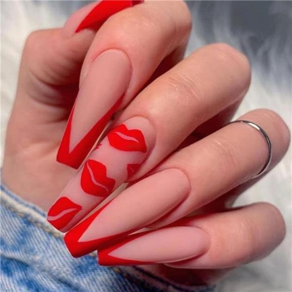 Valentines Day Press On Nails French Long Coffin Lips Fake Nails Red Lips French